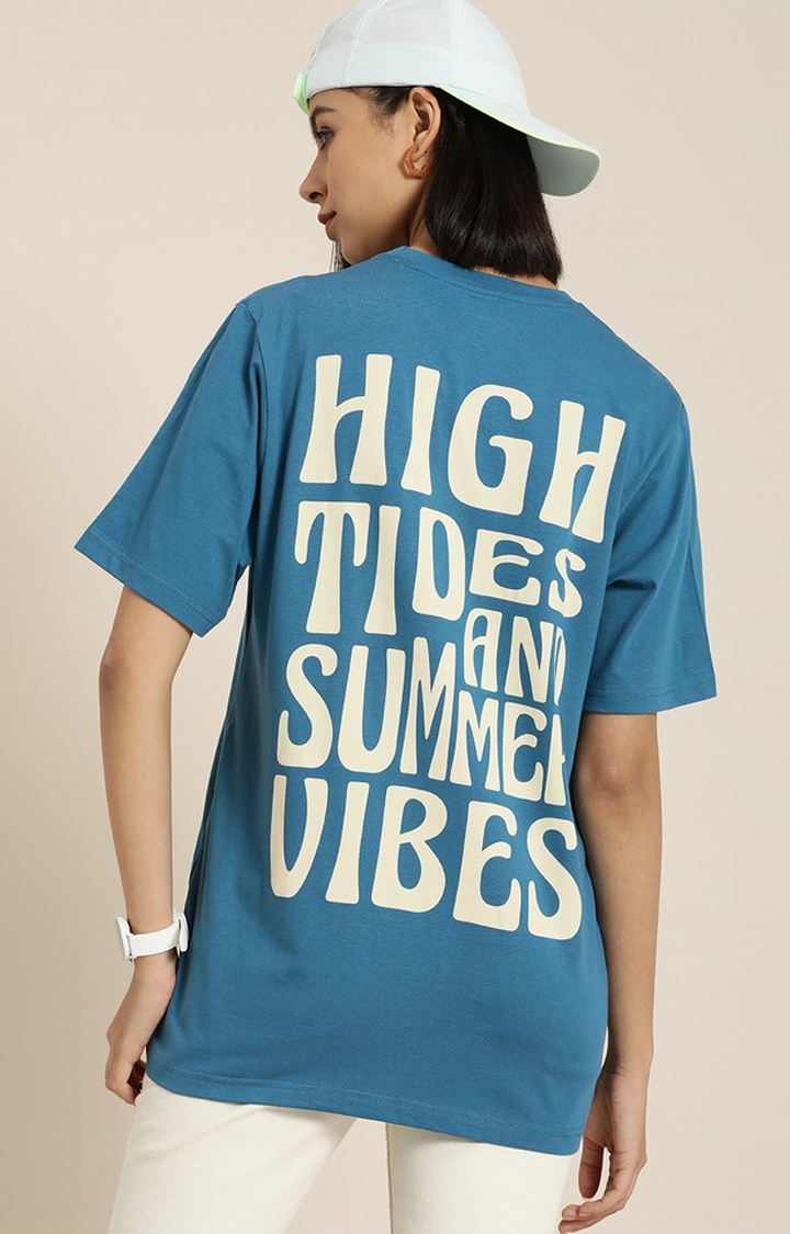 Difference of Opinion | Women's Teal Blue Cotton Typographic Printed Oversized T-Shirt