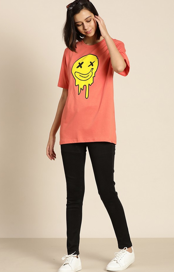 Women's Coral Cotton Graphic Printed Oversized T-Shirt