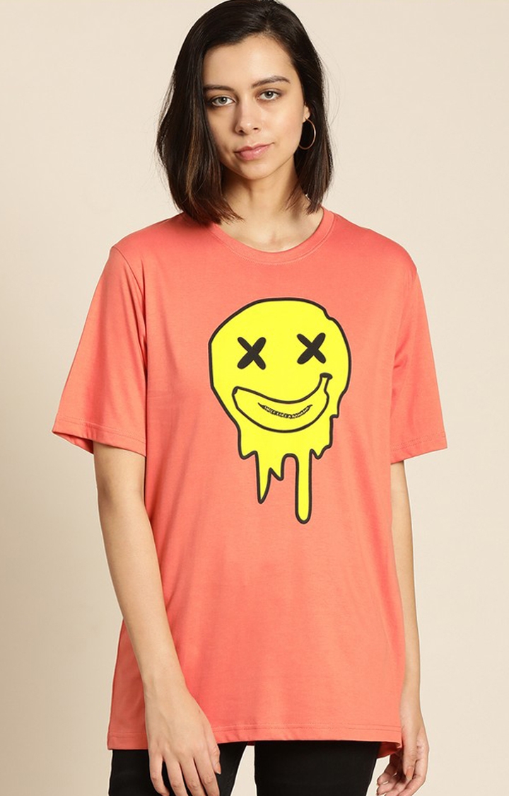 Women's Coral Cotton Graphic Printed Oversized T-Shirt