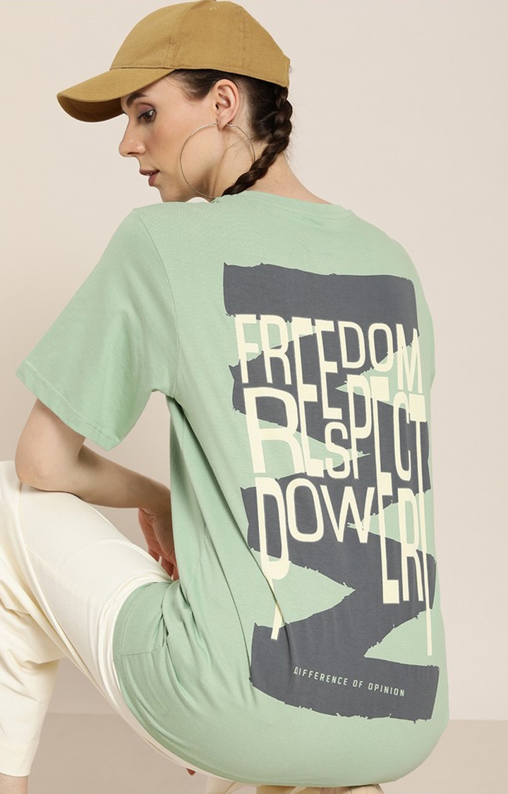 Difference of Opinion | Women's P Green Cotton Typographic Printed Oversized T-Shirt