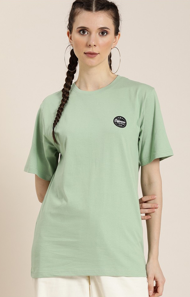 Women's P Green Cotton Typographic Printed Oversized T-Shirt