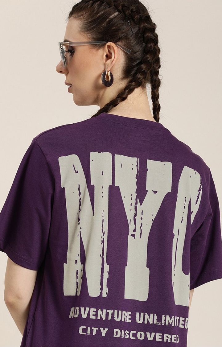 Difference of Opinion | Women's Grape Royal Cotton Typographic Printed Oversized T-Shirt