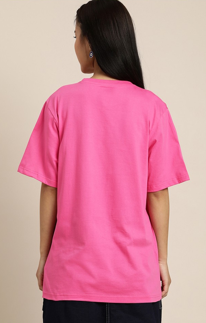 Women's Fuschia Rose Cotton Graphic Printed Oversized T-Shirt