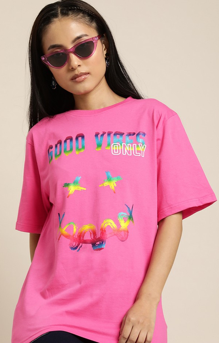 Difference of Opinion | Women's Fuschia Rose Cotton Graphic Printed Oversized T-Shirt