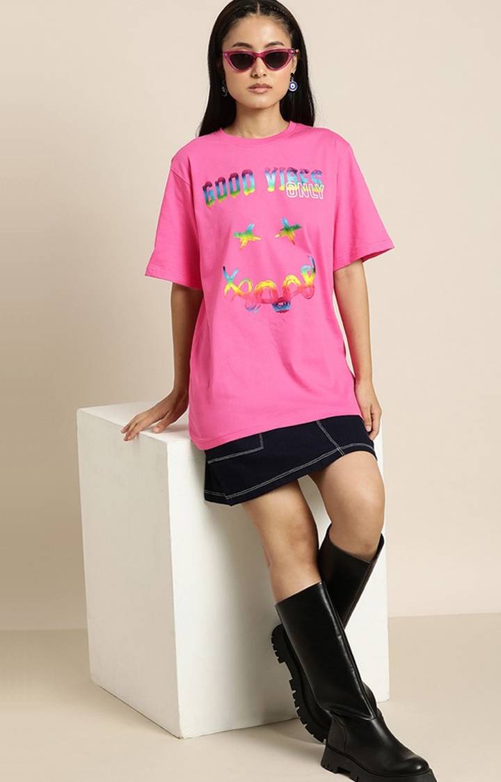 Women's Fuschia Rose Cotton Graphic Printed Oversized T-Shirt