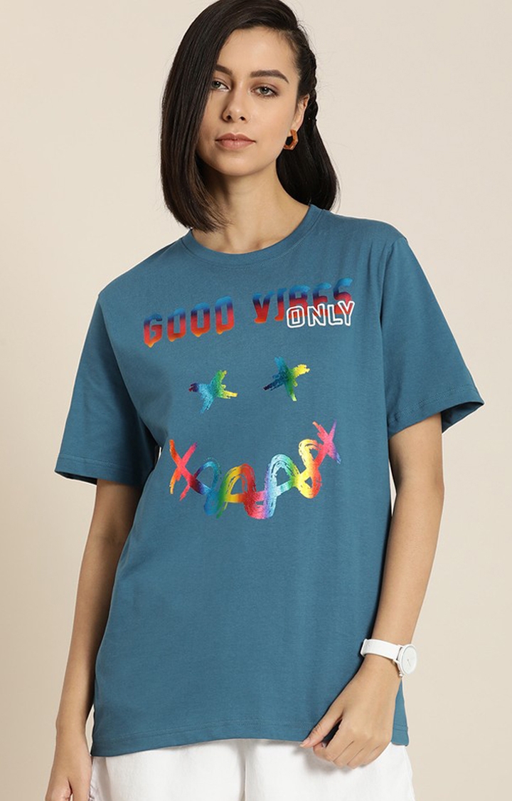 Difference of Opinion | Women's Teal Blue Cotton Graphic Printed Oversized T-Shirt