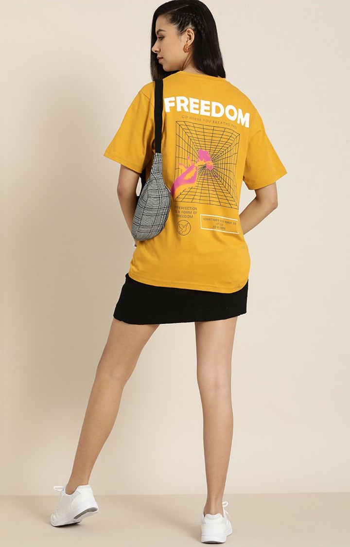 Women's Yellow Cotton Graphic Printed Oversized T-Shirt