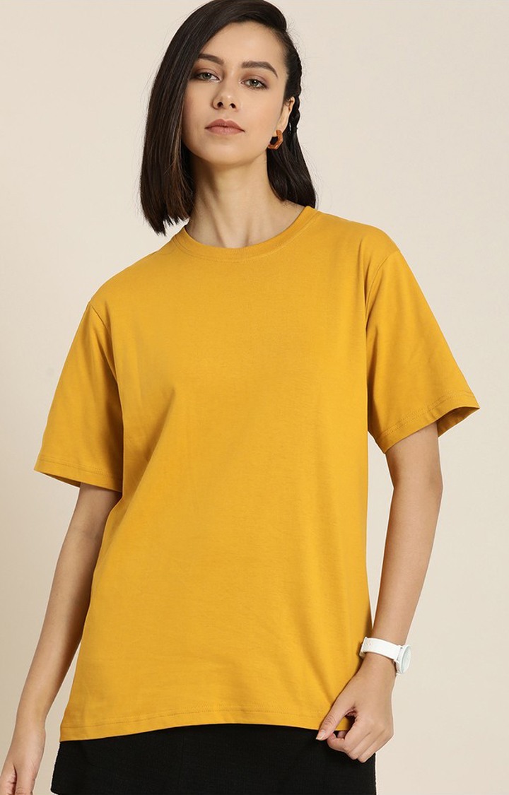 Women's Yellow Cotton Graphic Printed Oversized T-Shirt