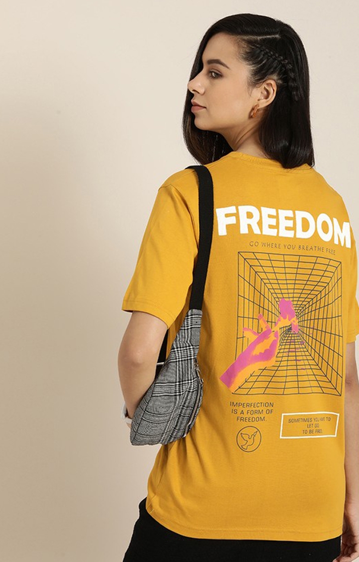 Difference of Opinion | Women's Yellow Cotton Graphic Printed Oversized T-Shirt 0
