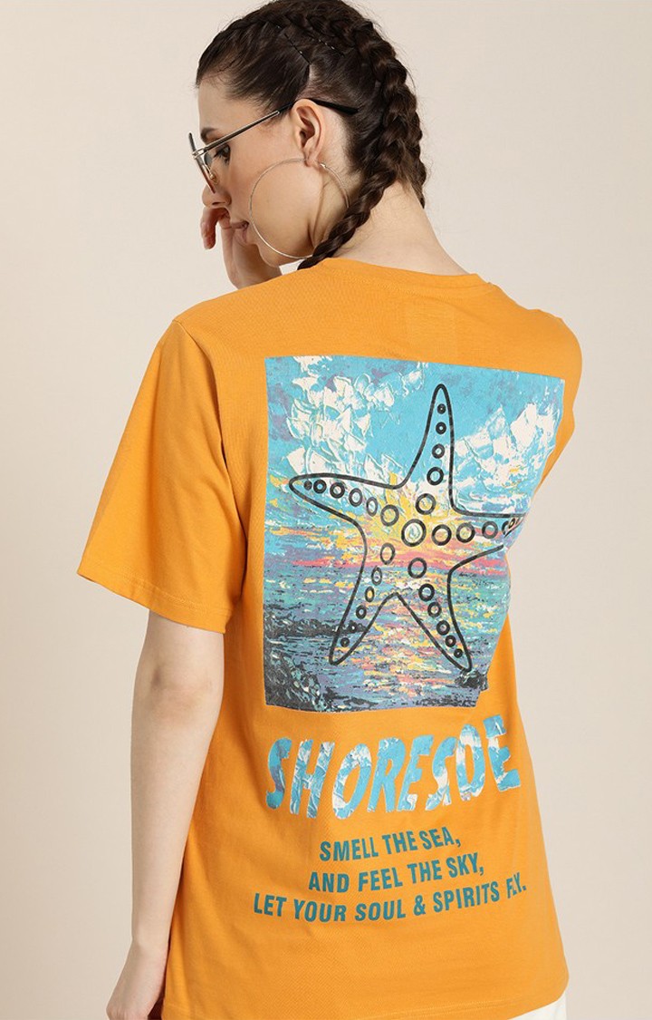 Women's Mustard Cotton Graphic Printed Oversized T-Shirt