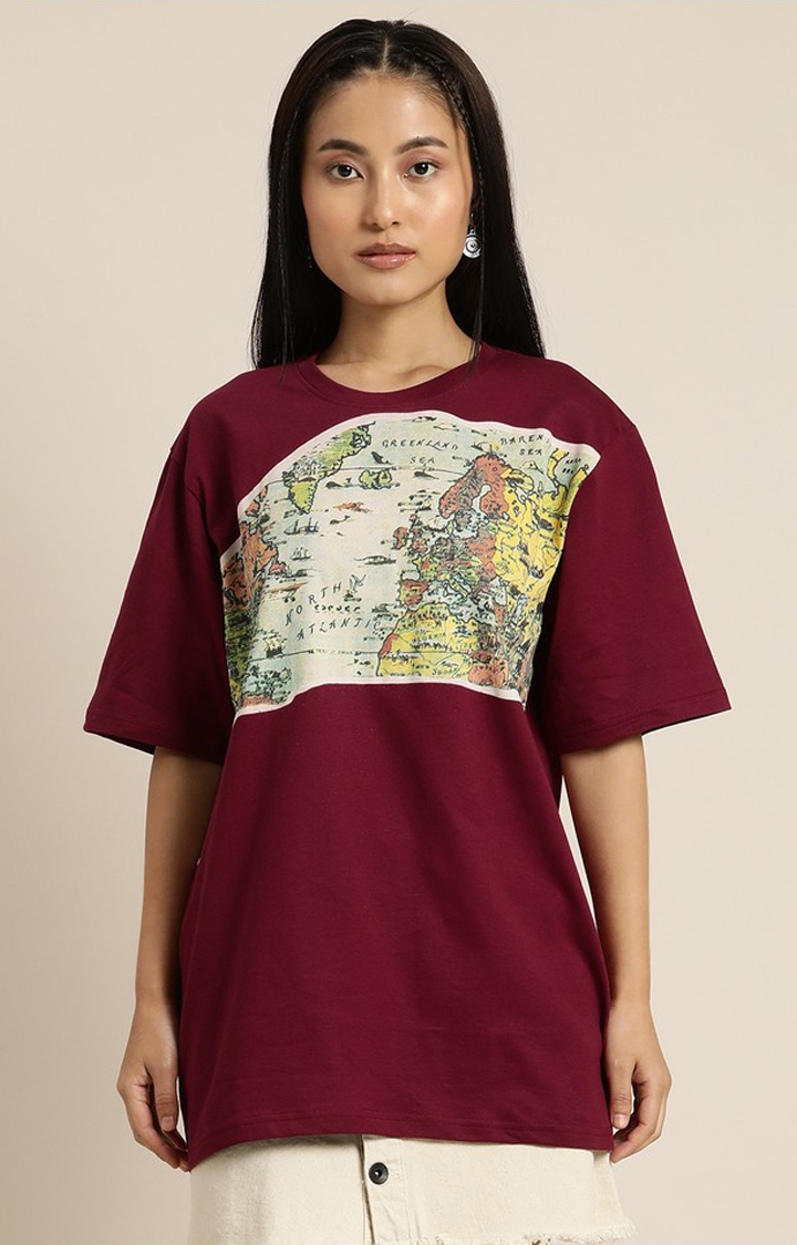Difference of Opinion | Women's Maroon Cotton Graphic Printed Oversized T-Shirt