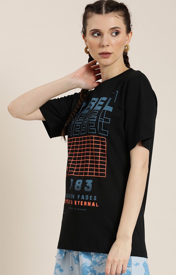 Difference of Opinion | Women's Black Cotton Graphic Printed Oversized T-Shirt