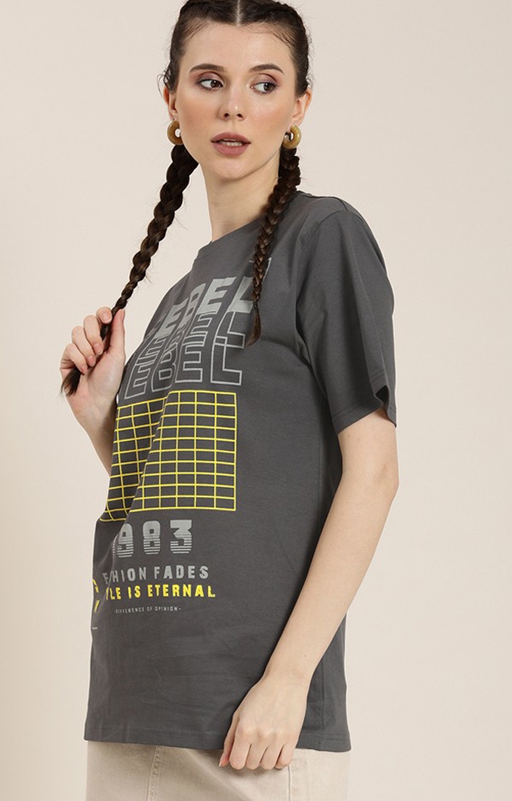 Women's Dark Grey Cotton Graphic Printed Oversized T-Shirt
