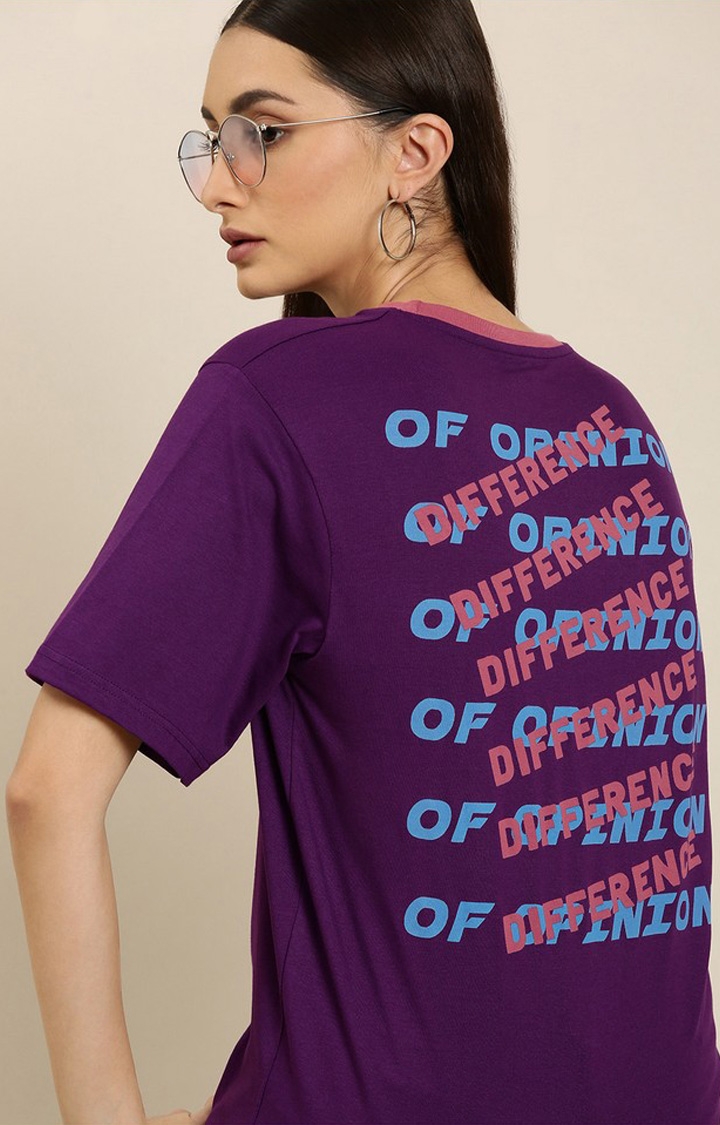 Women's Grape Royal Cotton Typographic Printed Oversized T-Shirt