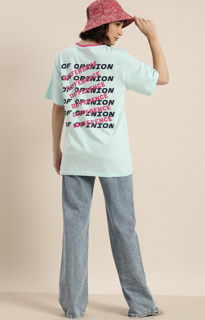 Women's P Blue Cotton Typographic Printed Oversized T-Shirt