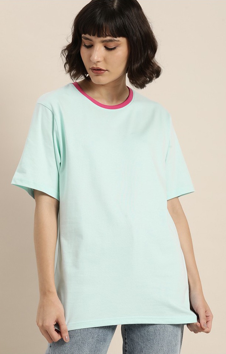 Women's P Blue Cotton Typographic Printed Oversized T-Shirt