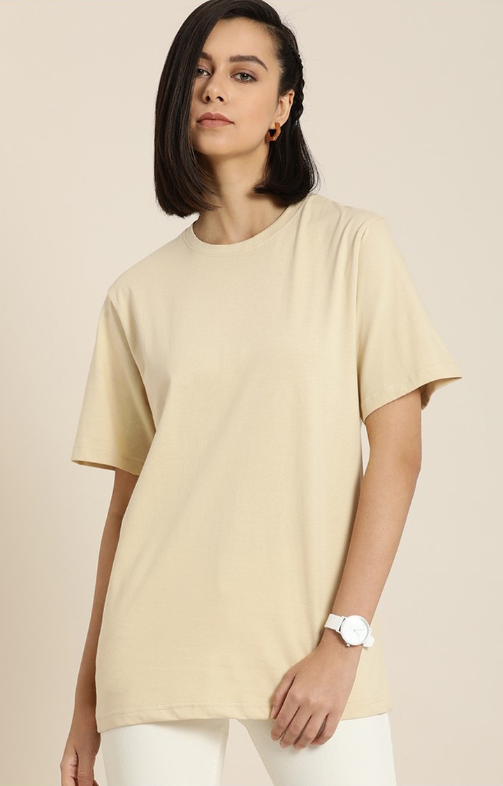 Difference of Opinion | Women's Beige Cotton Graphic Printed Oversized T-Shirt 2