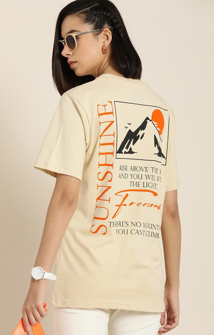 Women's Beige Cotton Graphic Printed Oversized T-Shirt