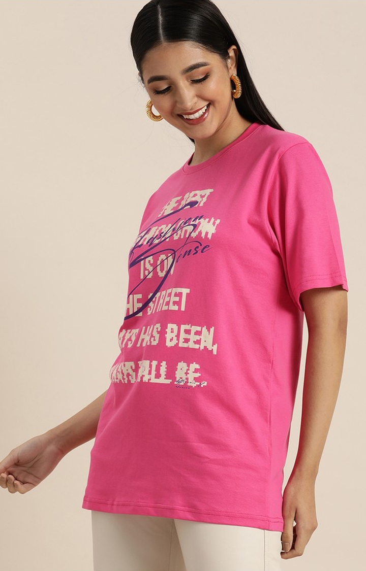 Women's Fuschia Rose Cotton Typographic Printed Oversized T-Shirt