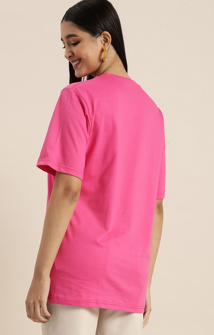 Women's Fuschia Rose Cotton Typographic Printed Oversized T-Shirt