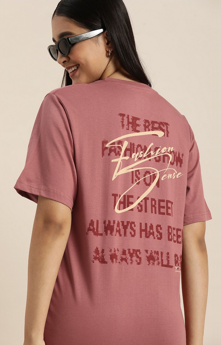 Women's W.Rose Cotton Typographic Printed Oversized T-Shirt