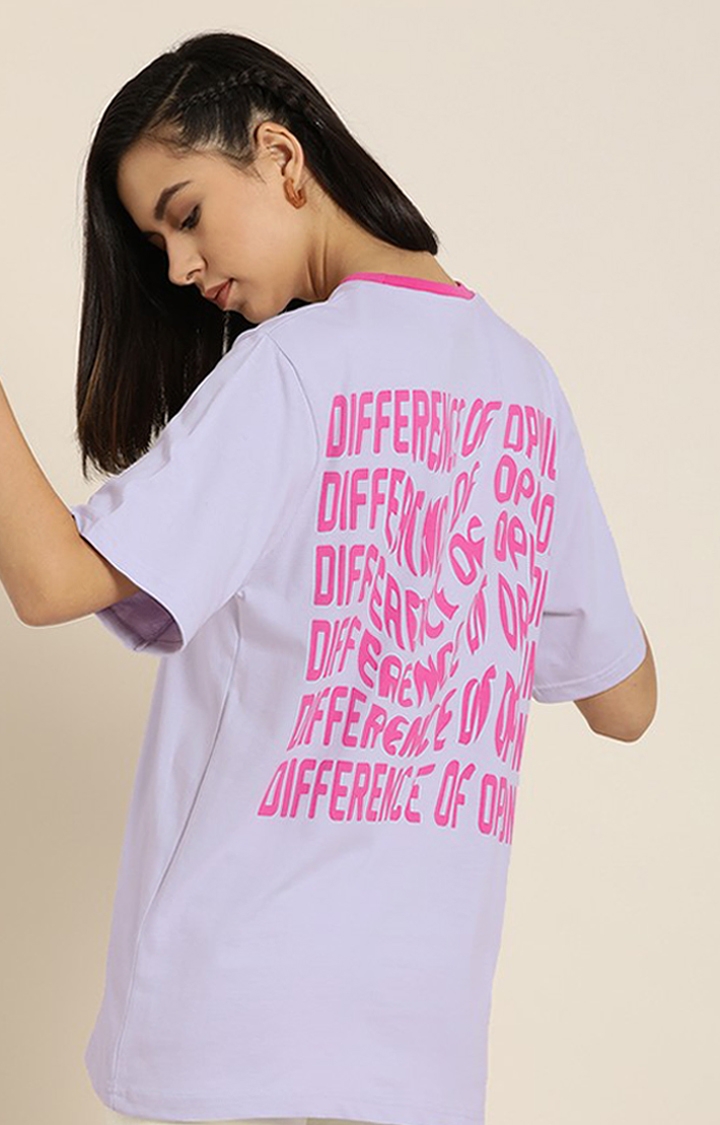 Difference of Opinion | Women's Lilac Cotton Typographic Printed Oversized T-Shirt
