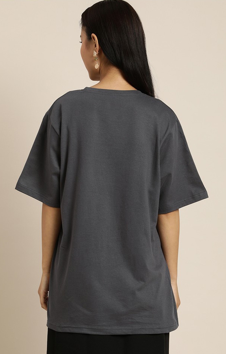 Women's Dark Grey Cotton Typographic Printed Oversized T-Shirt