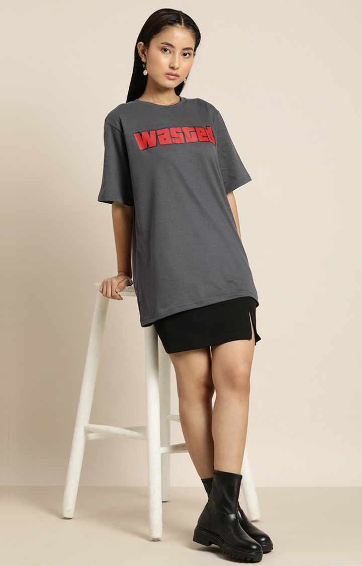 Women's Dark Grey Cotton Typographic Printed Oversized T-Shirt