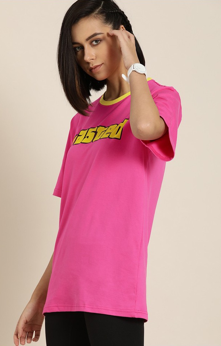 Rareism Women's Ransa Pink Cotton Graphic Print Oversized T-Shirt main image 0