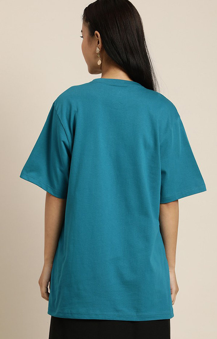 Women's Ink Blue Cotton Graphic Printed Oversized T-Shirt