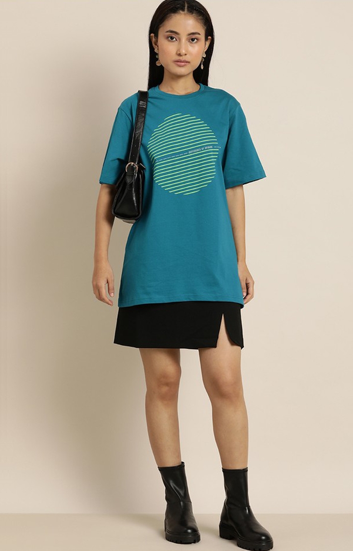 Women's Ink Blue Cotton Graphic Printed Oversized T-Shirt