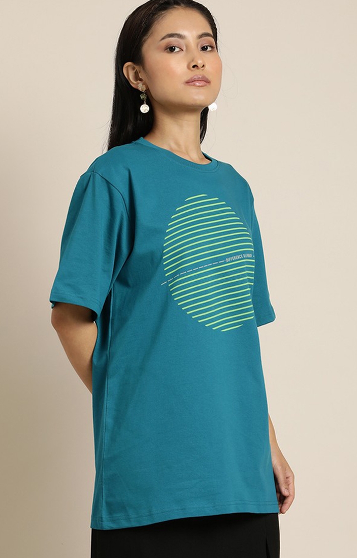 Women's Ink Blue Cotton Graphic Printed Oversized T-Shirt
