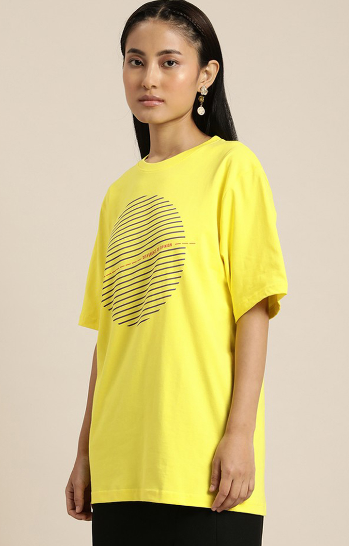 Women's Lemon Yellow Cotton Graphic Printed Oversized T-Shirt