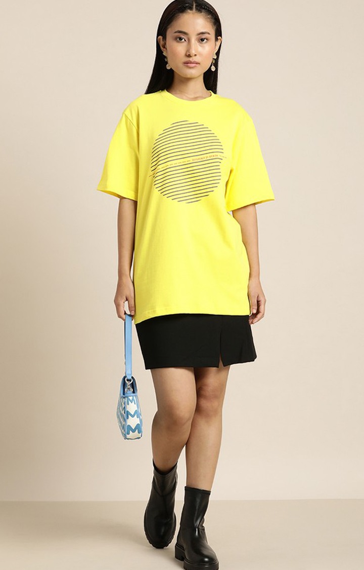 Women's Lemon Yellow Cotton Graphic Printed Oversized T-Shirt