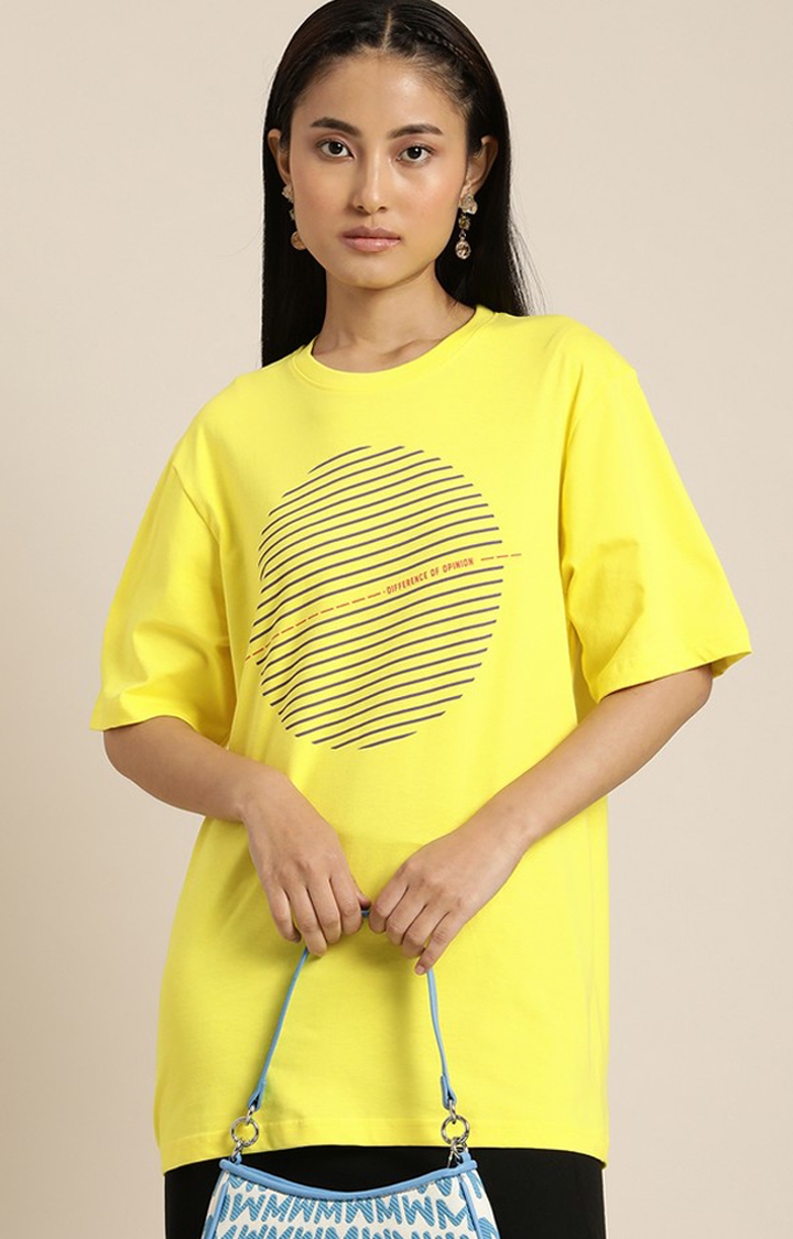 Difference of Opinion | Women's Lemon Yellow Cotton Graphic Printed Oversized T-Shirt