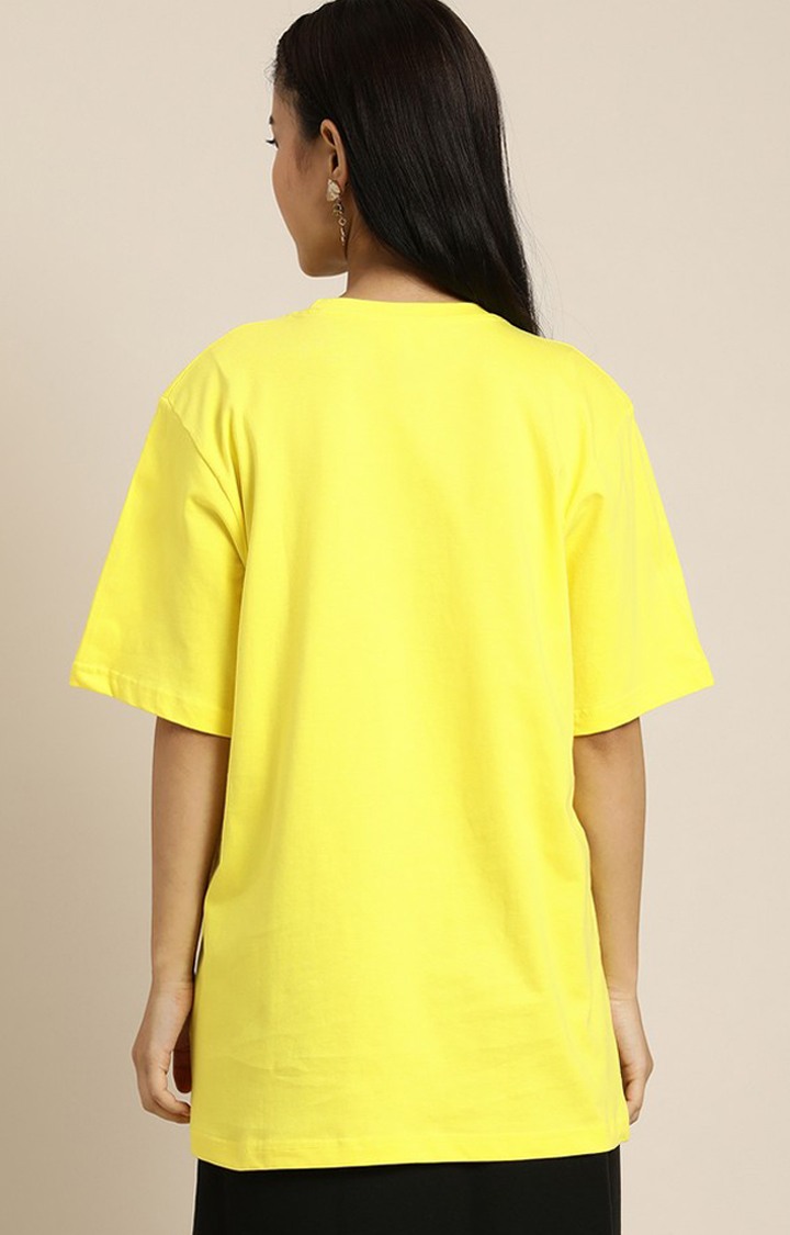 Women's Lemon Yellow Cotton Graphic Printed Oversized T-Shirt