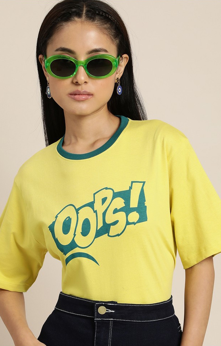 Difference of Opinion | Women's Yellow Cotton Typographic Printed Oversized T-Shirt
