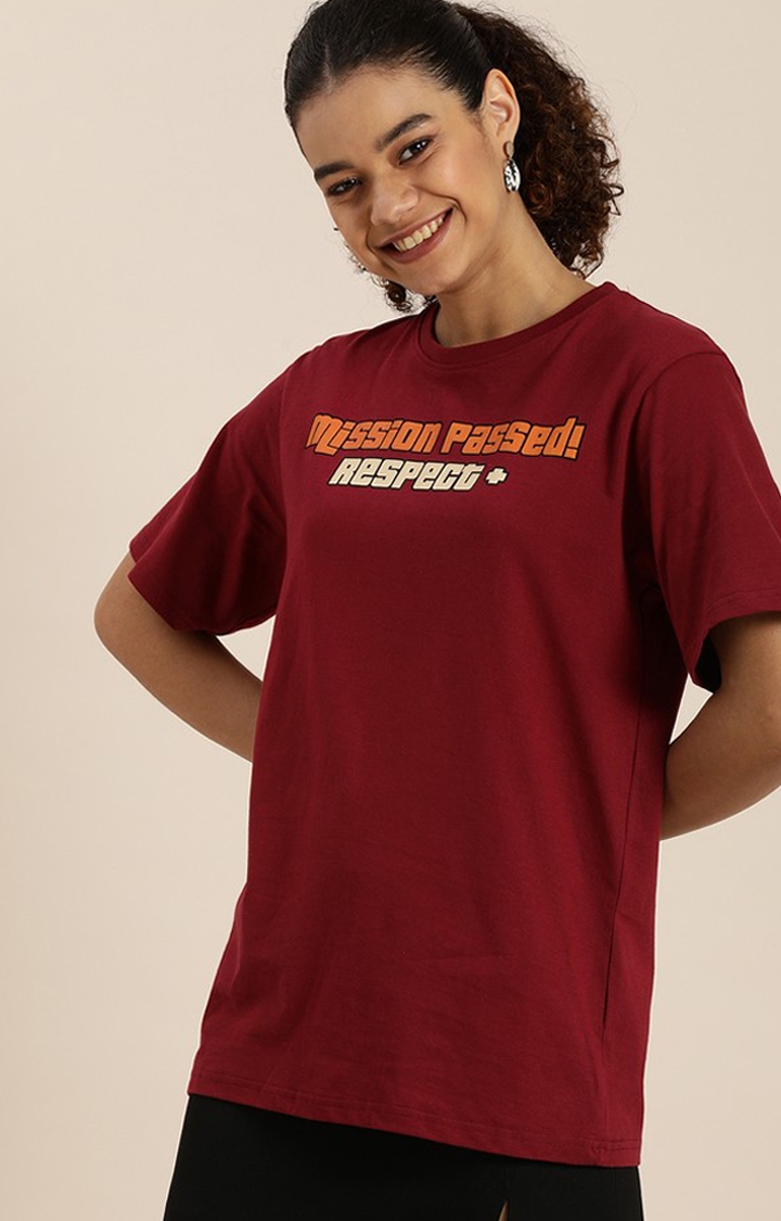 Women's Maroon Cotton Typographic Printed Oversized T-Shirt