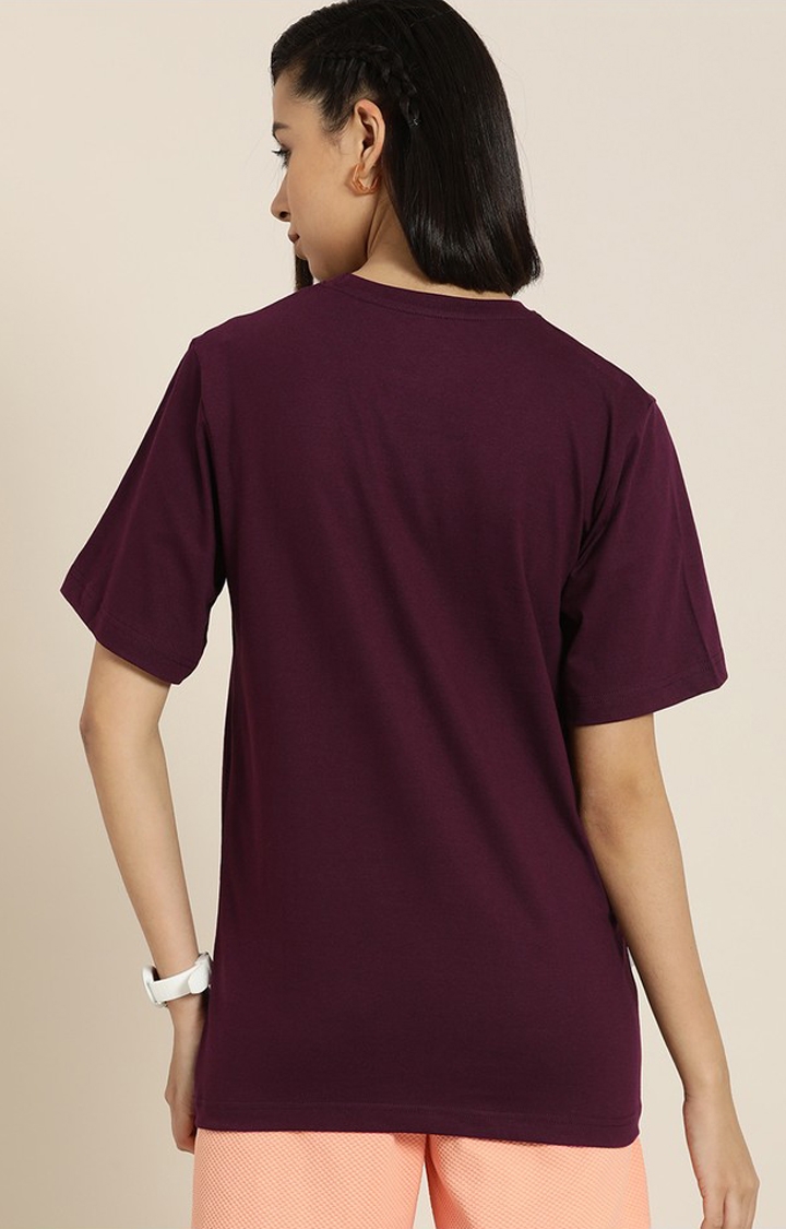 Women's Wine Cotton Typographic Printed Oversized T-Shirt