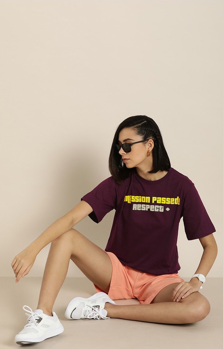 Women's Wine Cotton Typographic Printed Oversized T-Shirt