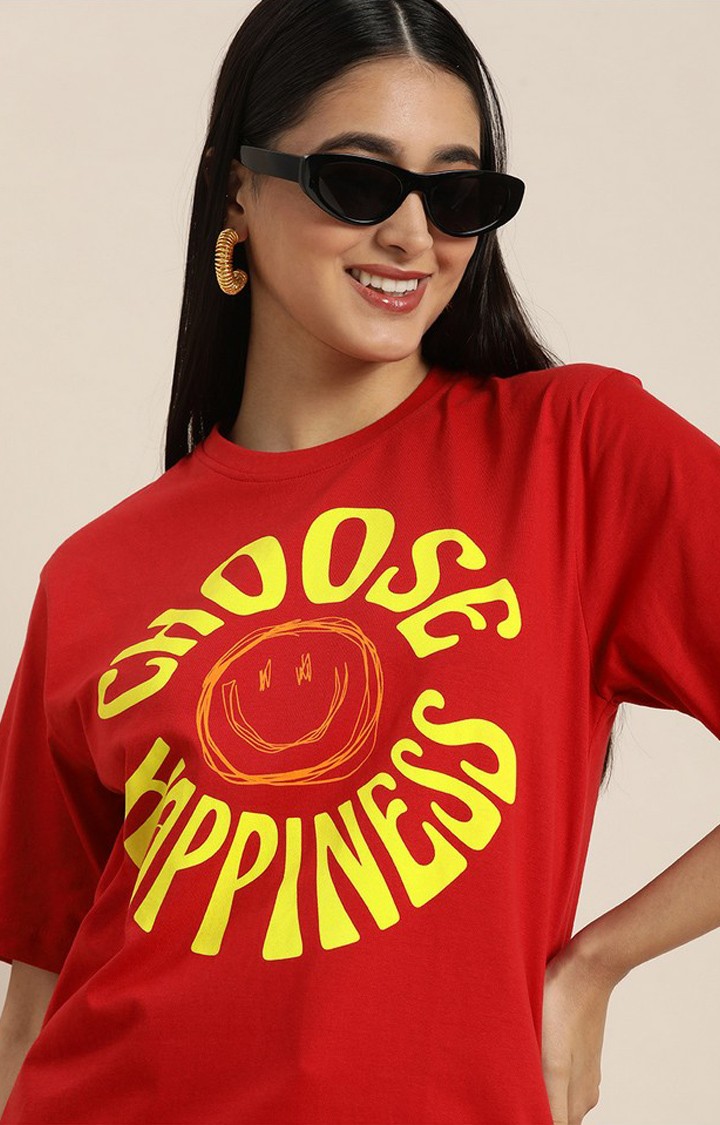 Women's Red Cotton Typographic Printed Oversized T-Shirt