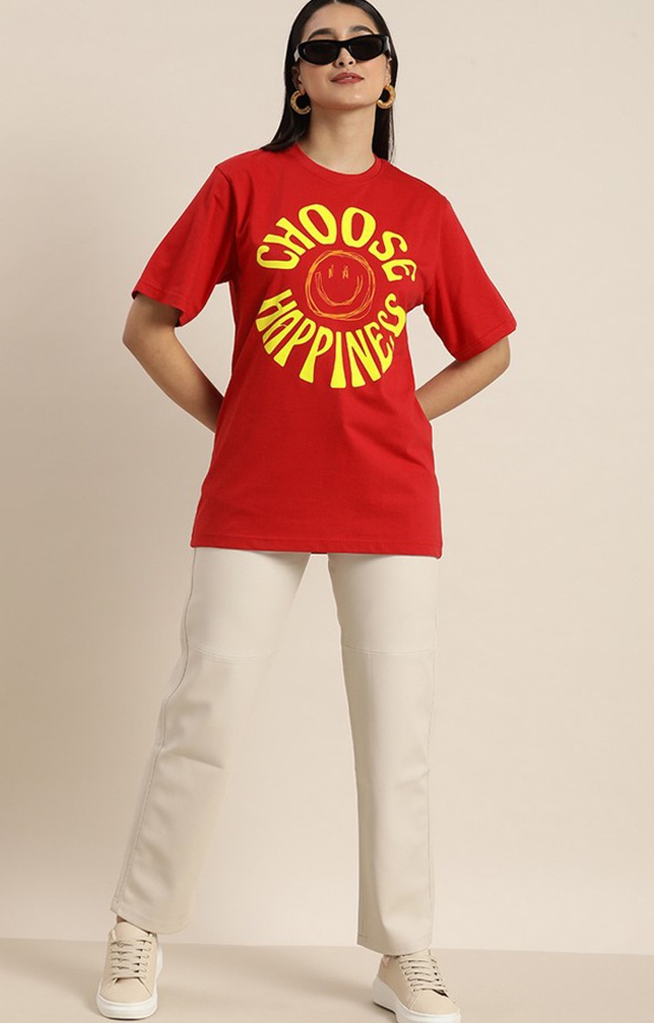 Women's Red Cotton Typographic Printed Oversized T-Shirt