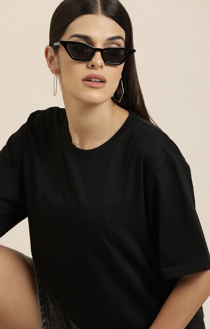 Difference of Opinion | Women's Black Cotton Solid Oversized T-Shirt 2