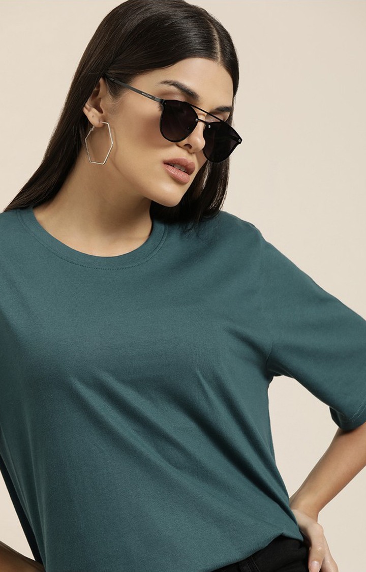 Women's Green Cotton Solid Oversized T-Shirt