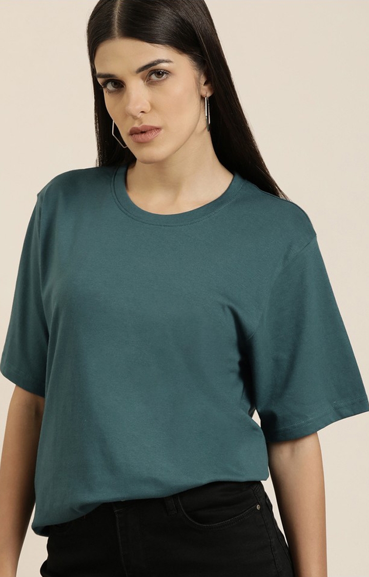 Difference of Opinion | Women's Green Cotton Solid Oversized T-Shirt