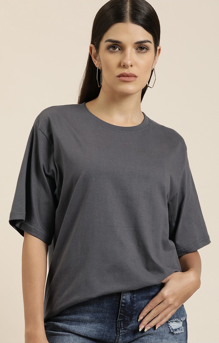 Difference of Opinion | Women's Dark Grey Cotton Solid Oversized T-Shirt