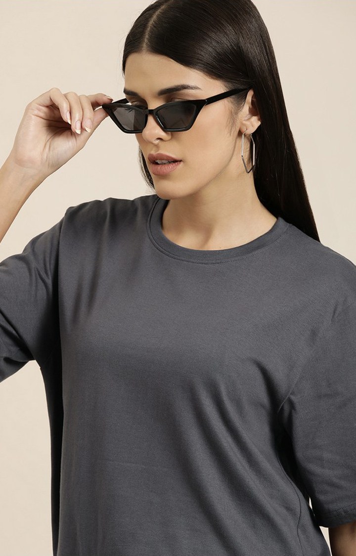 Women's Dark Grey Cotton Solid Oversized T-Shirt