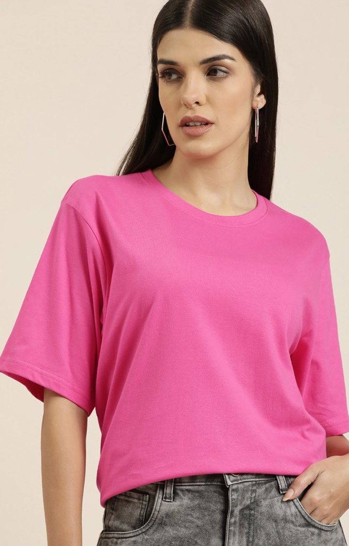Women's Fuschia Rose Cotton Solid Oversized T-Shirt
