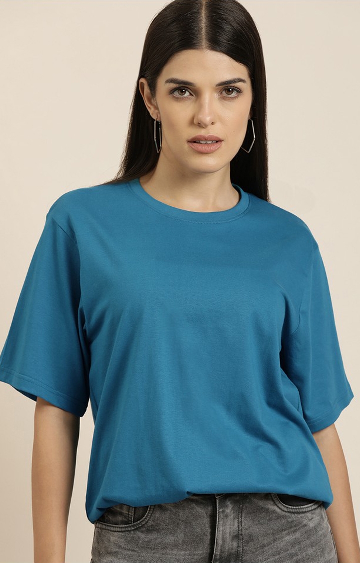 Women's Ink Blue Cotton Solid Oversized T-Shirt