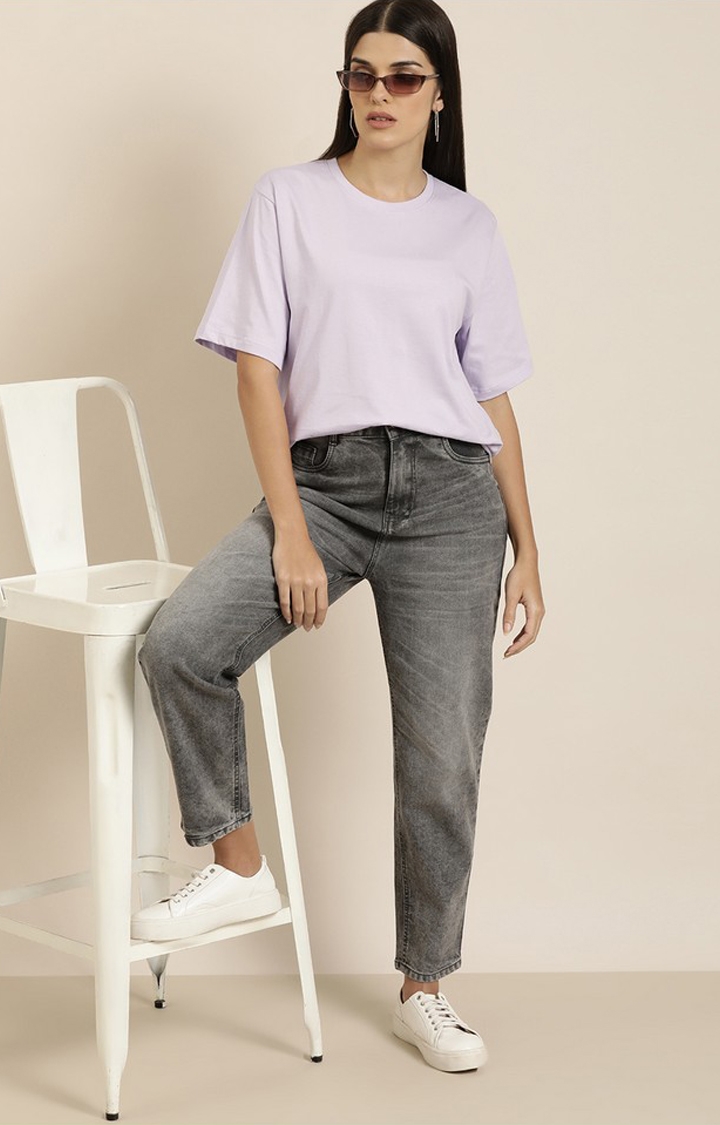 Women's Lilac Cotton Solid Oversized T-Shirt